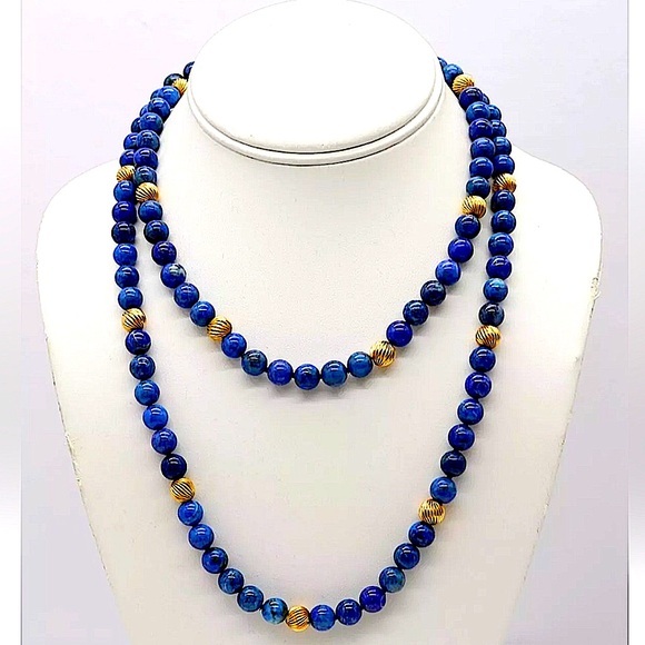 VINTAGE Lapis Lazuli 14k Gold Sculpted Beads & Clasp Hand Knotted Necklace - Picture 16 of 17